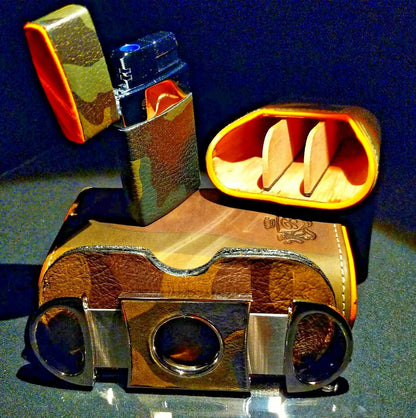Brizard and Co Camouflage and Orange Leather Carrying case, cutter and lighter