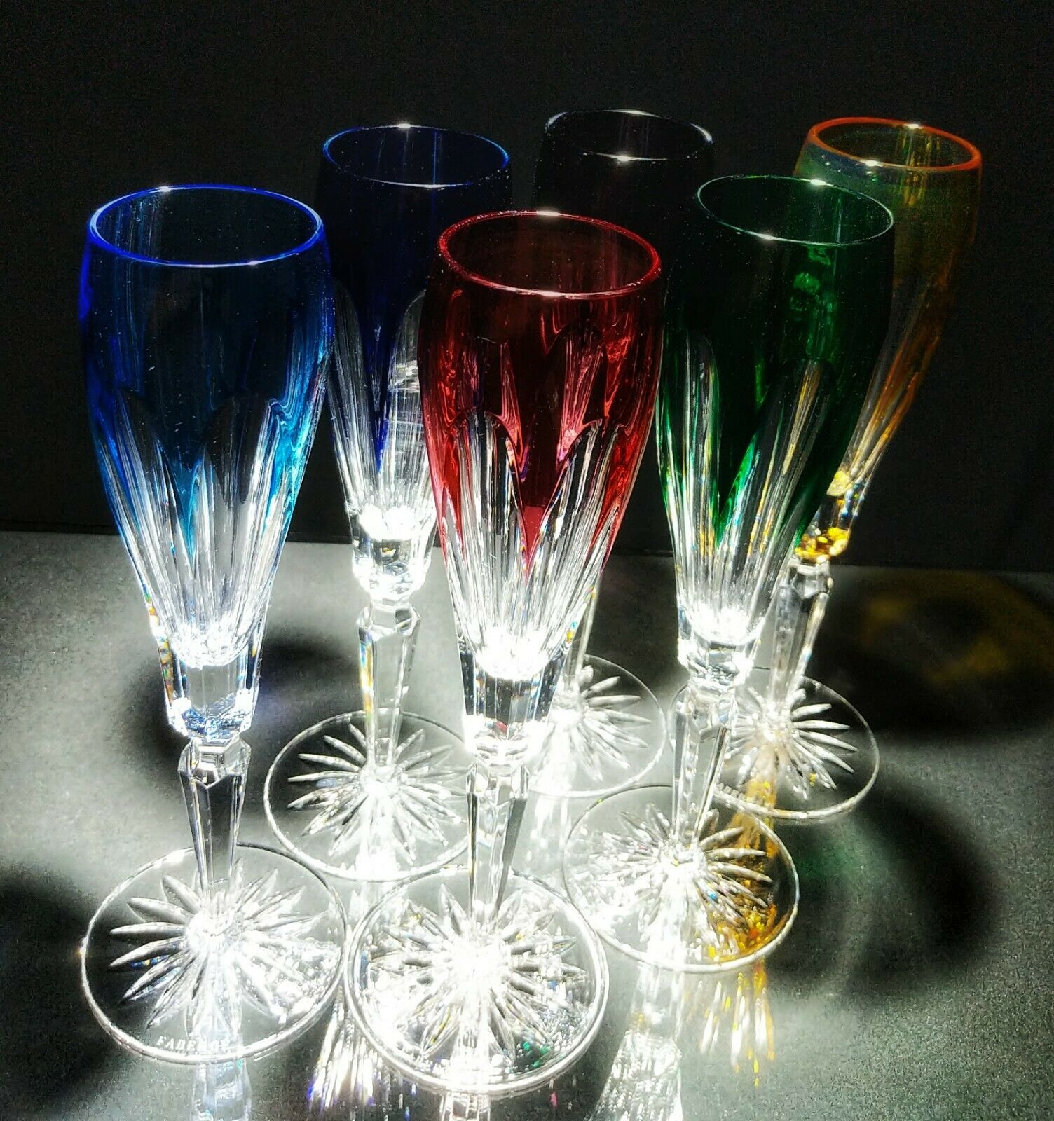 Faberge Colored Crystal Flutes in the original presentation case.