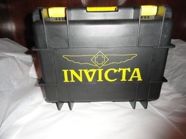Invicta watch carrying case in grey with yellow handles holds 8 watches