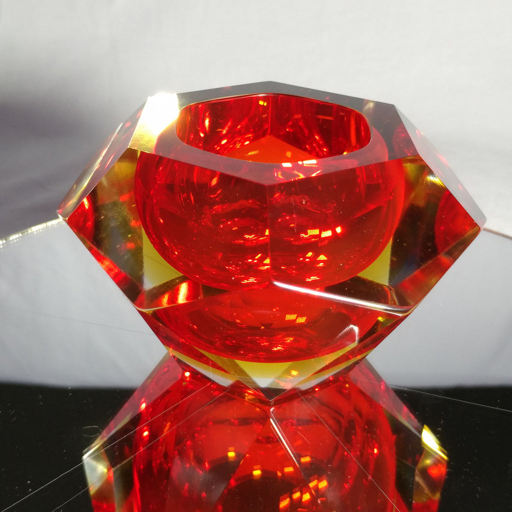 Sommerso Murano | Flavio Poli Yellow & Red Faceted Glass Ashtray | Italy 1950s