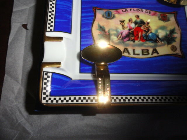 Elie Bleu Alba Porcelain Blue Ashtray with Gold Plated Rests