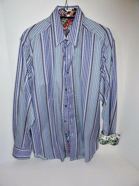 Robert Graham Blue White Ornate Chain Stripe Shirt — Medium