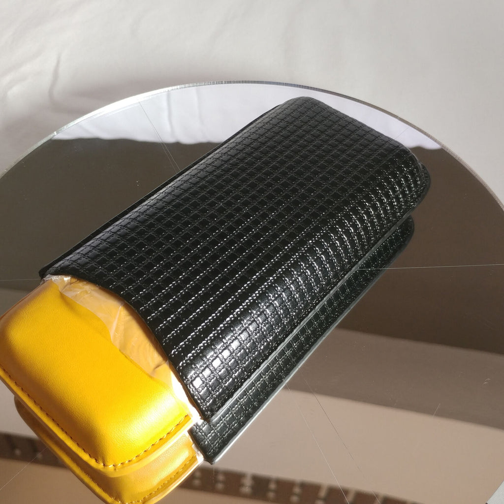 YELLOW LEATHER CIGAR CASE w/BLACK BAG | 2 CIGAR HOLDER