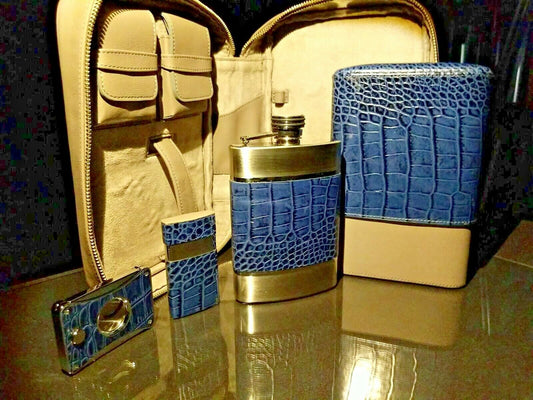 Brizard and Co Indigo and grey Traveldor with flask , cutter and lighter