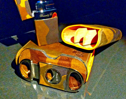 Brizard and Co Camouflage and Orange Leather Carrying case, cutter and lighter