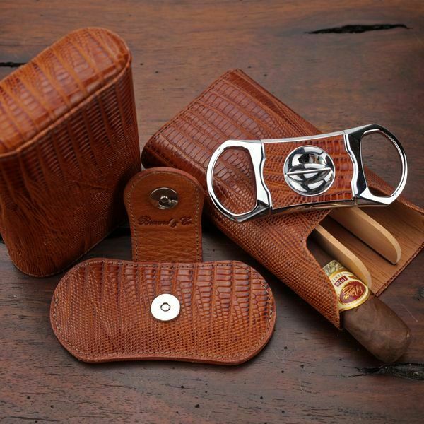 Brizard and Co. - The "Show Band" 3 Cigar Case - Lizard Pattern Havana