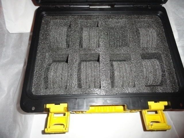 Invicta watch carrying case in grey with yellow handles holds 8 watches