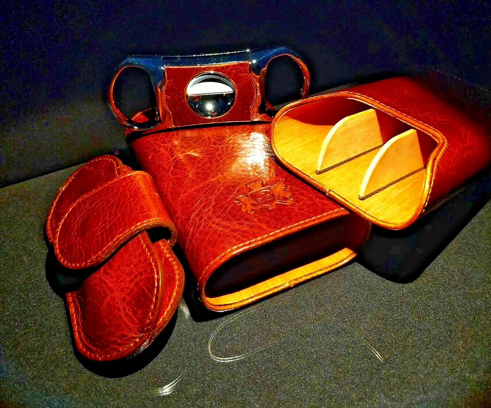 Brizard and Co Brown Antique Saddle Leather cigar case and cutter