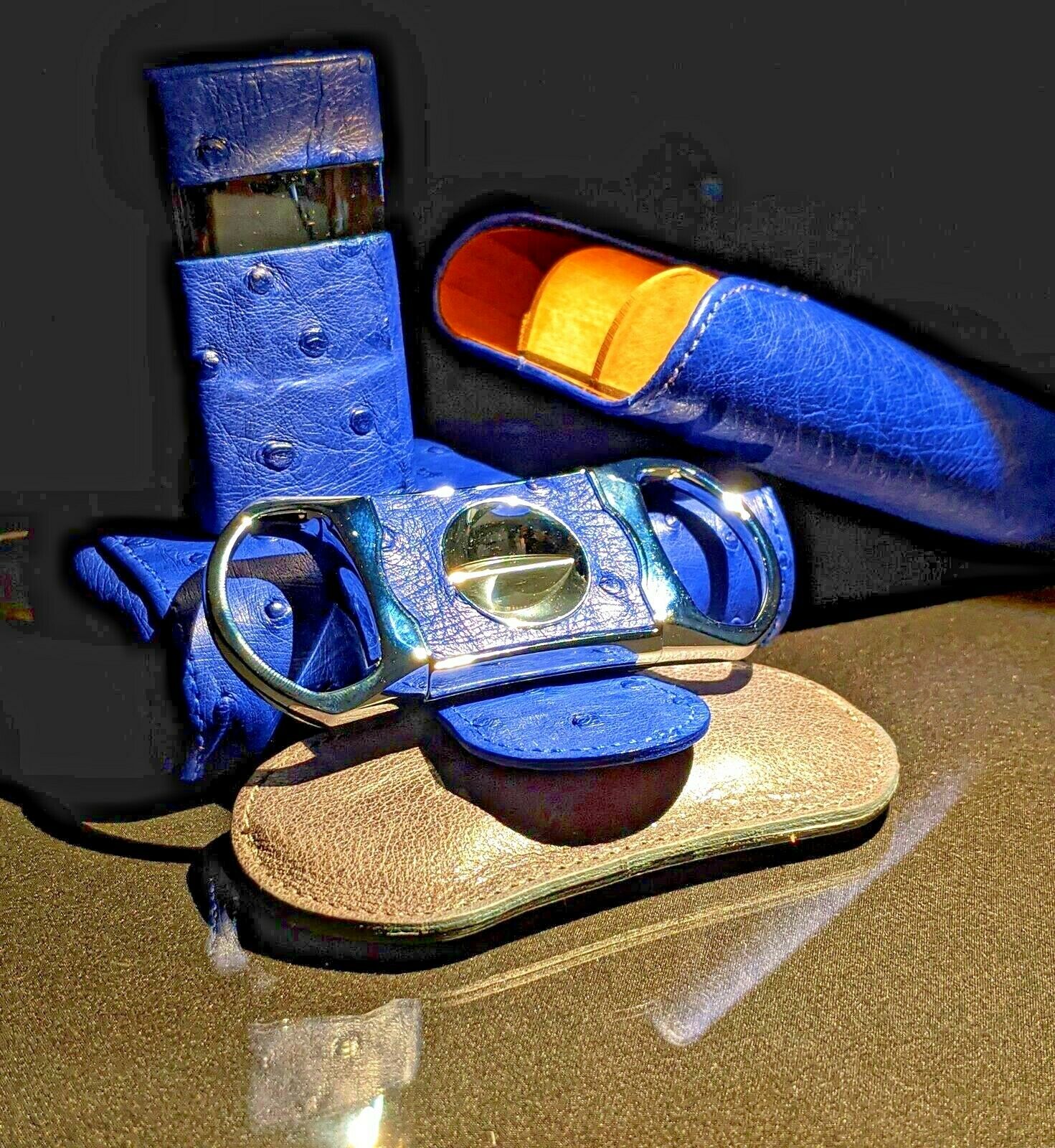 Brizard and Co Blue Ostrich and Grey Leather  Case, Cutter and Lighter Combo