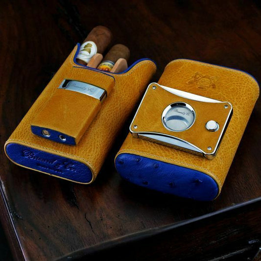 Brizard Show Band Case , Cutter and Lighter Combo- Blue Ostrich & Camel Leather