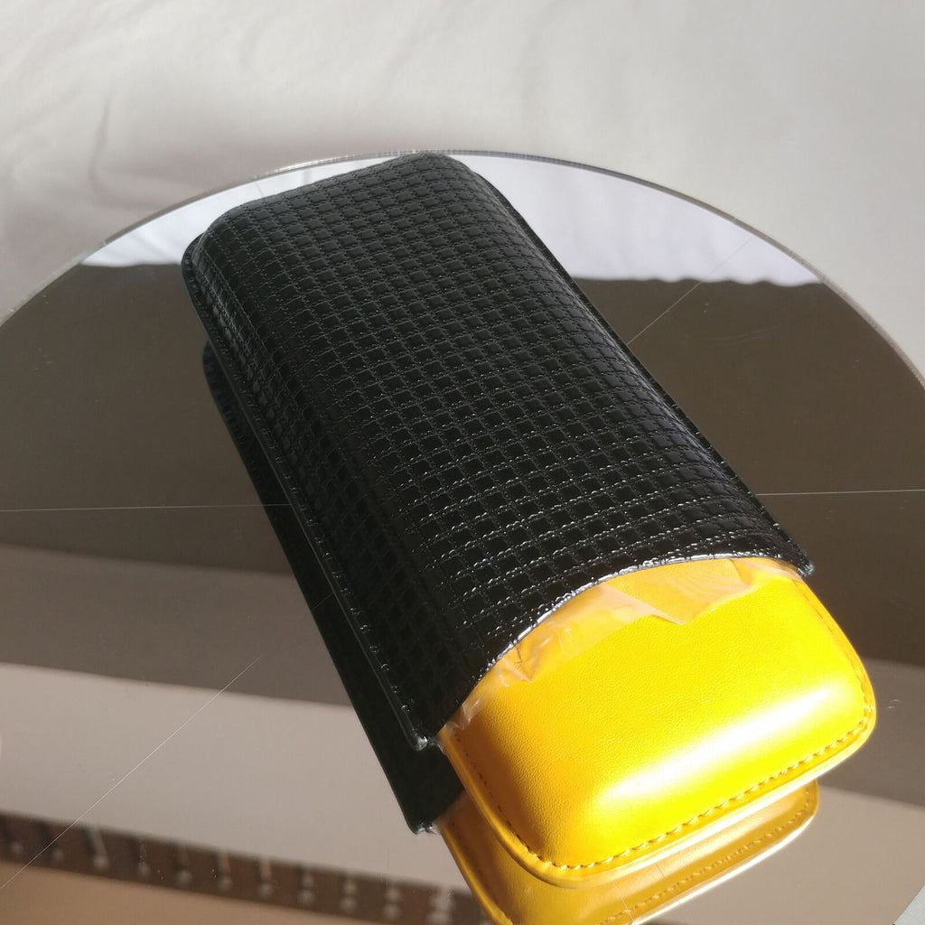 YELLOW LEATHER CIGAR CASE w/BLACK BAG | 2 CIGAR HOLDER