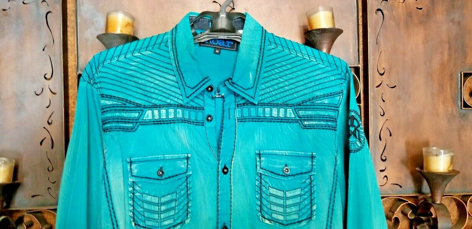 Roar Teal Signature Long  Sleeve Button Up Shirt Size Medium