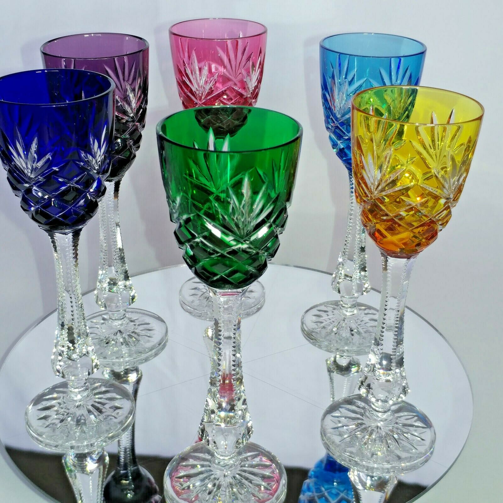 Faberge  Odessa Colored Crystal Cordial  Glasses  Set of 6 in the original box