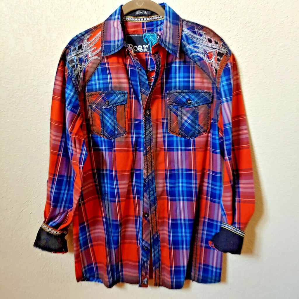 Roar | Men's Plaid Long sleeve Button down Casual Shirt | Medium