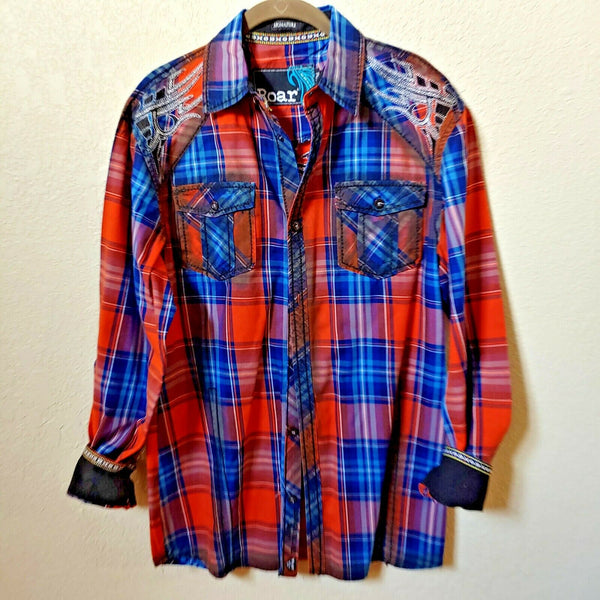 Roar | Men's Plaid Long sleeve Button down Casual Shirt | Medium