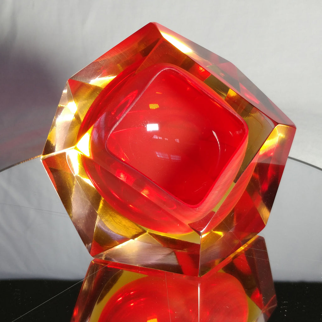 Sommerso Murano | Flavio Poli Yellow & Red Faceted Glass Ashtray | Italy 1950s