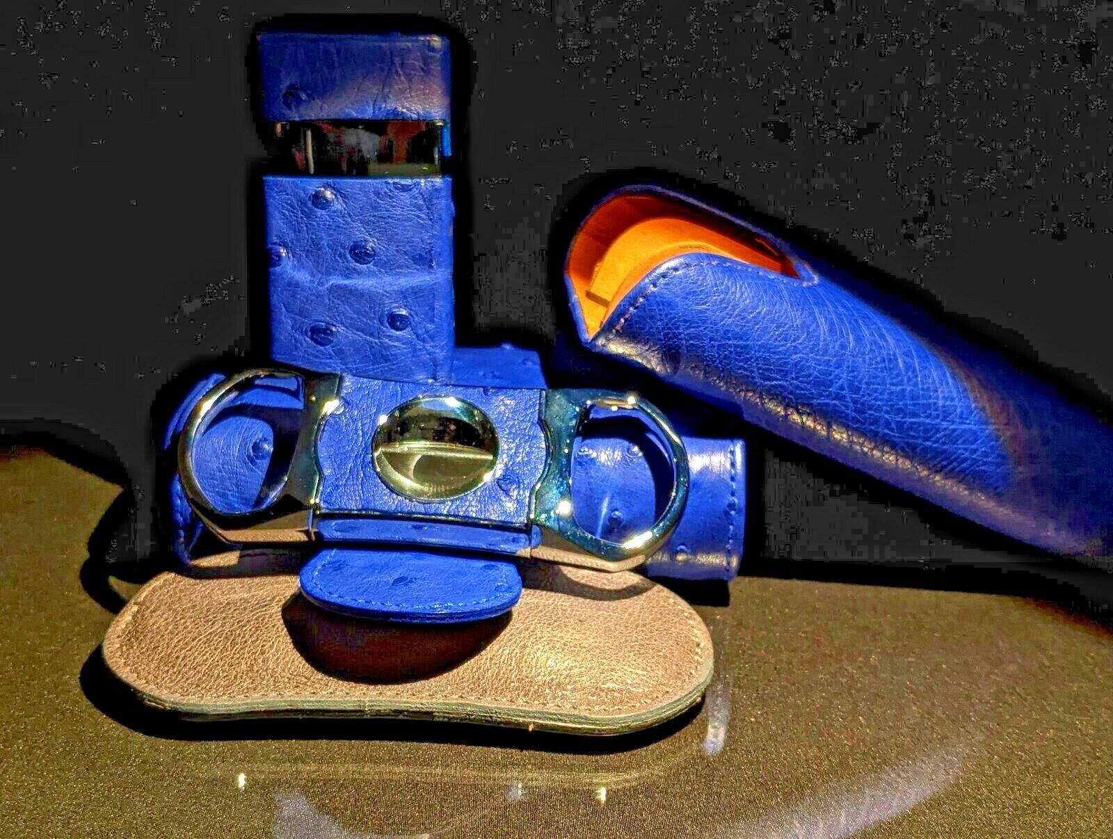 Brizard and Co Blue Ostrich and Grey Leather  Case, Cutter and Lighter Combo