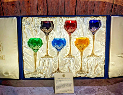 Faberge Colored Crystal Lausanne Hock Glasses. 8 1/2" H x 3 1/4" W