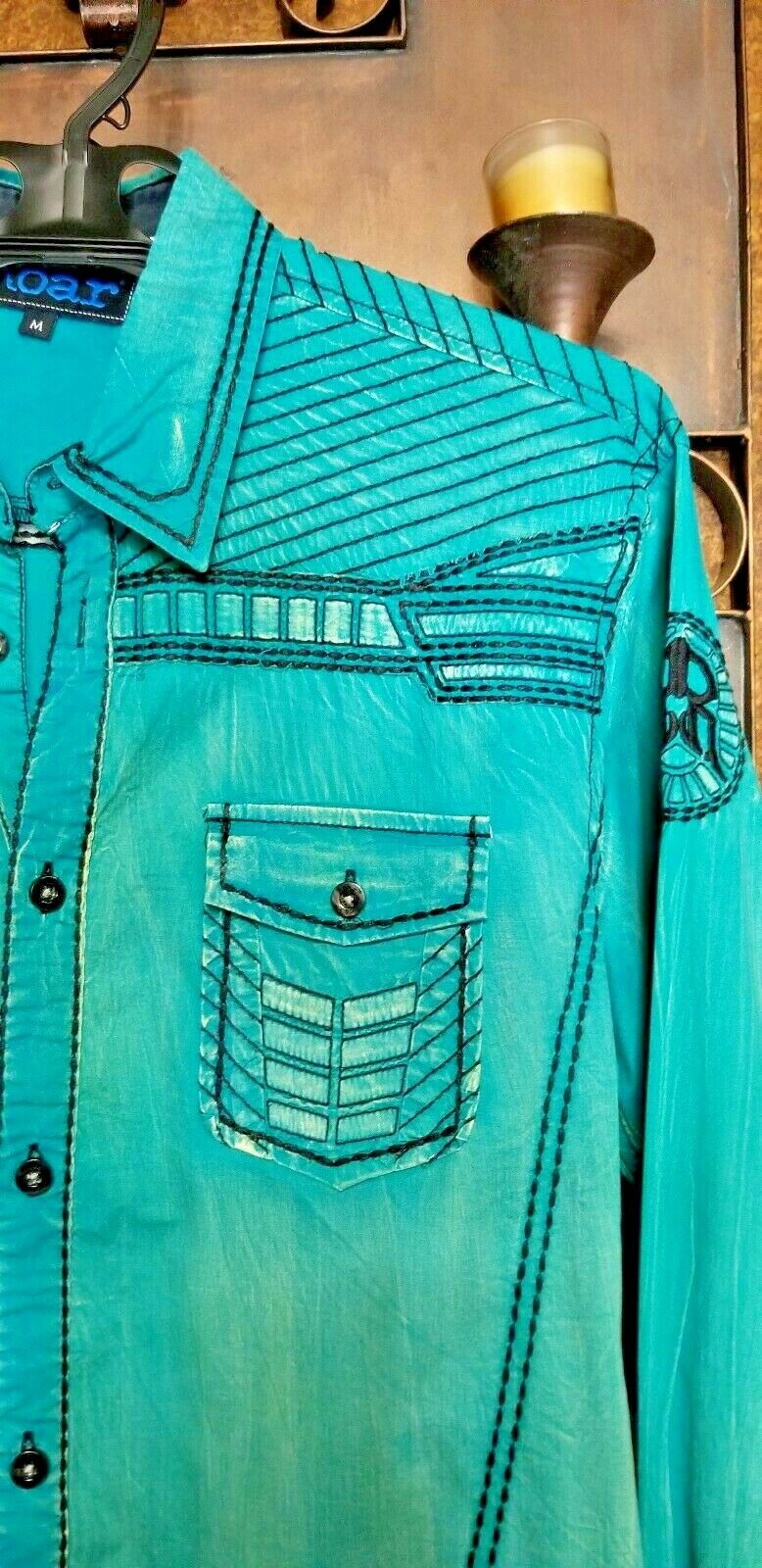 Roar Teal Signature Long  Sleeve Button Up Shirt Size Medium