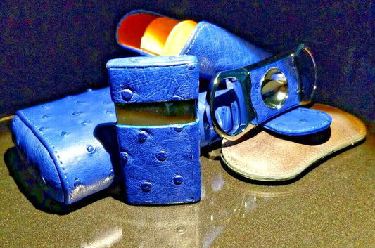 Brizard and Co Blue Ostrich and Grey Leather  Case, Cutter and Lighter Combo