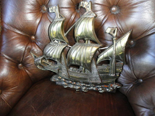 Brass Wall Plaque of Sailing Ship 15 " across by 13.25" H