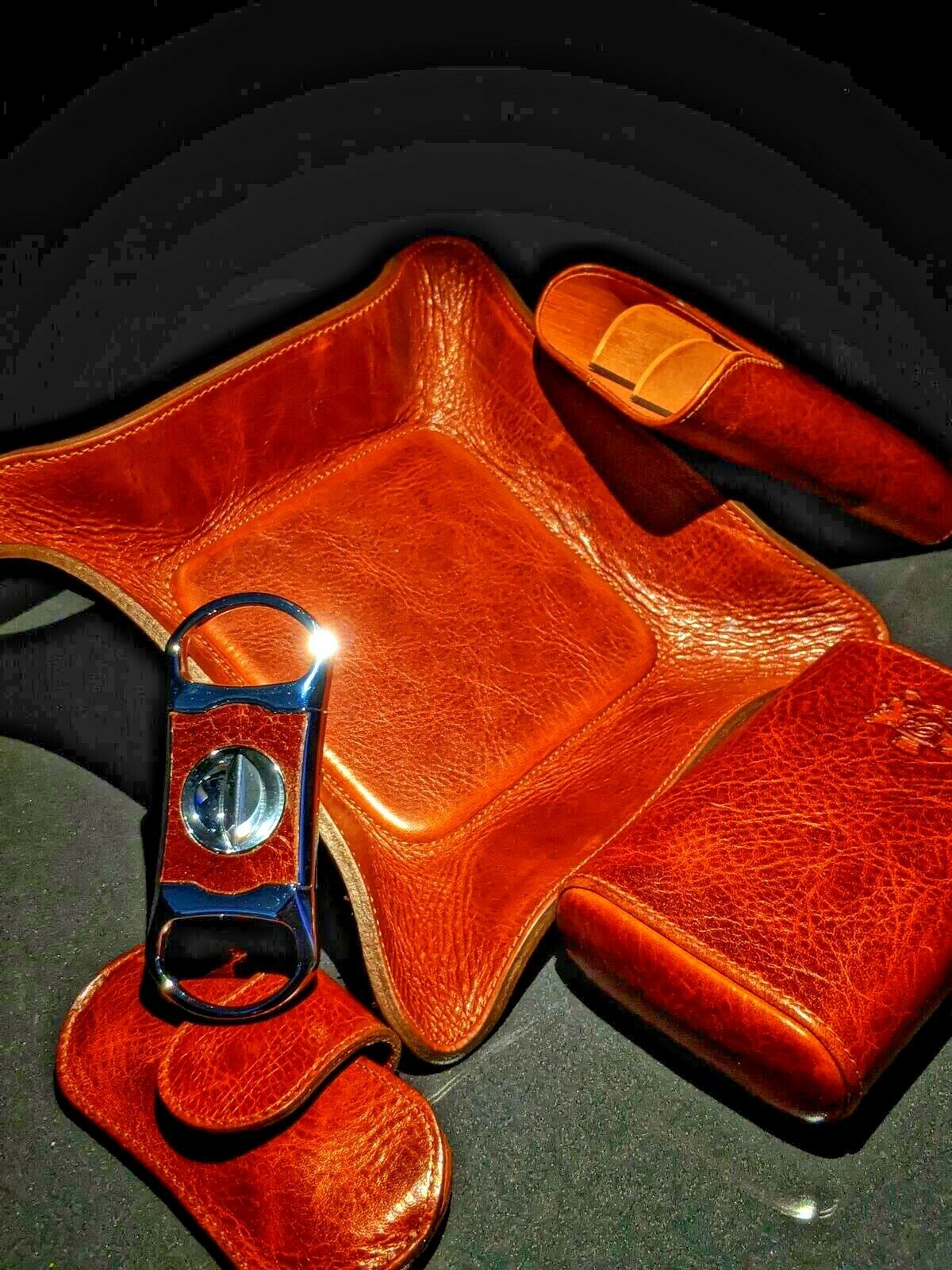 Brizard and Co Brown Antique Saddle Leather Valet Tray , cigar case and cutter