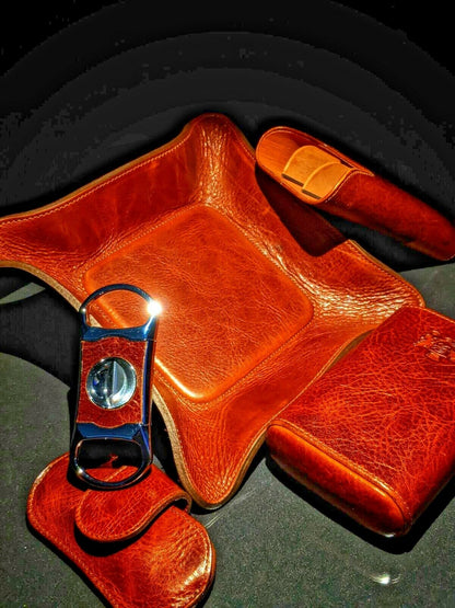 Brizard and Co Brown Antique Saddle Leather Valet Tray , cigar case and cutter