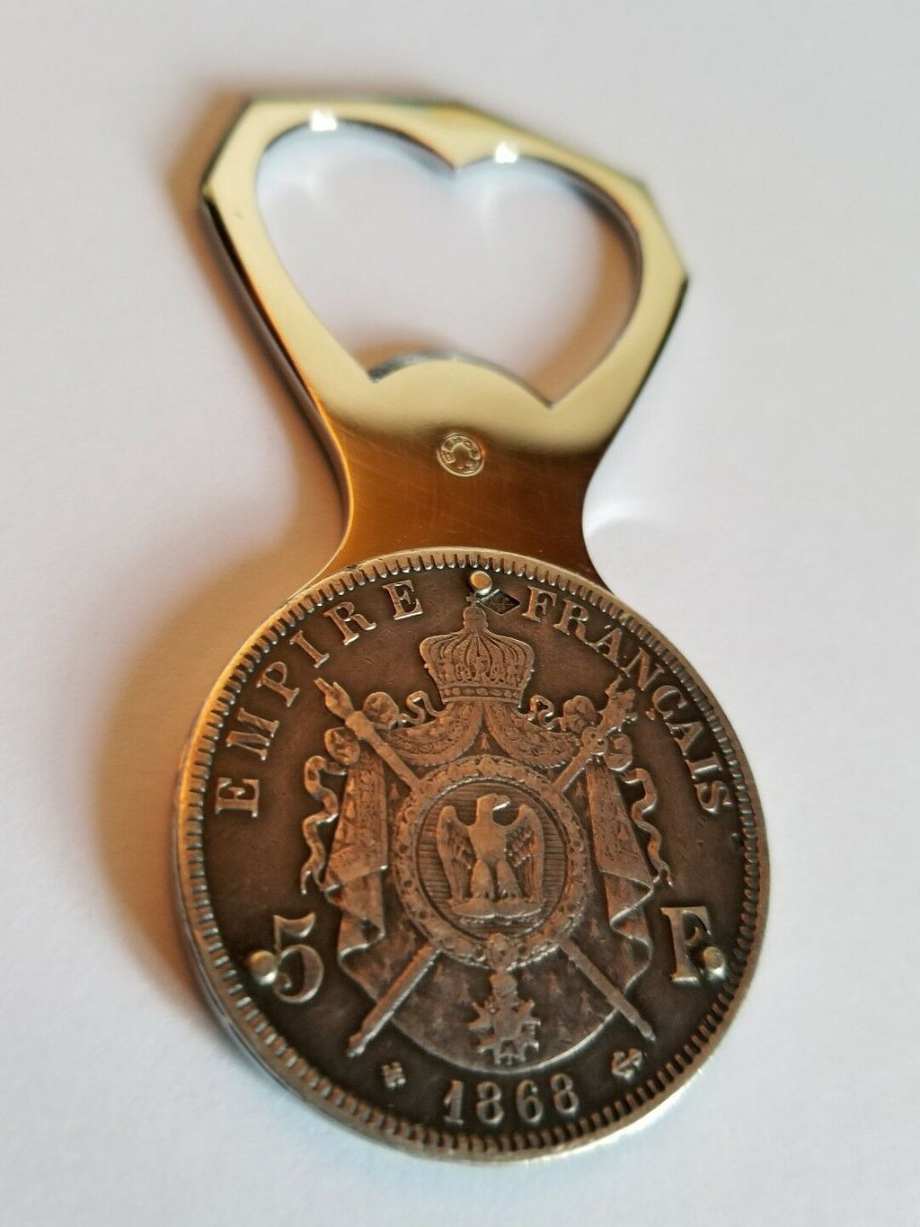 VINTAGE ELOI PERNET FRANCE 5 FRANCS 1868 NAPOLÉON III SILVER COIN BOTTLE OPENER