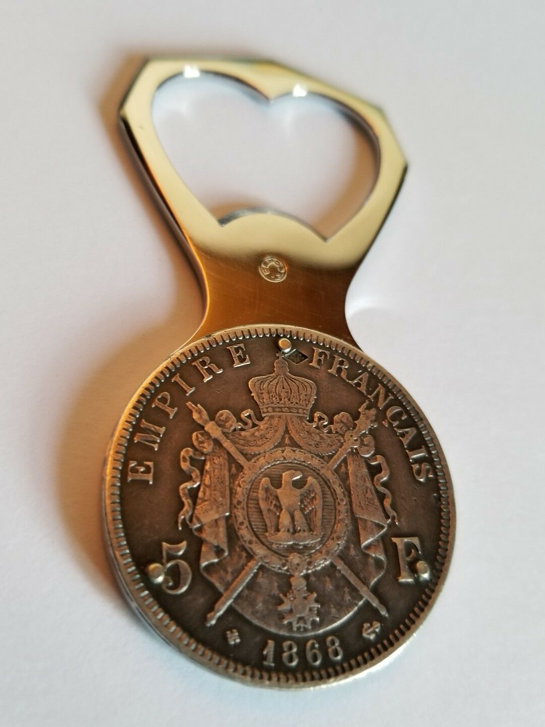 VINTAGE ELOI PERNET FRANCE 5 FRANCS 1868 NAPOLÉON III SILVER COIN BOTTLE OPENER