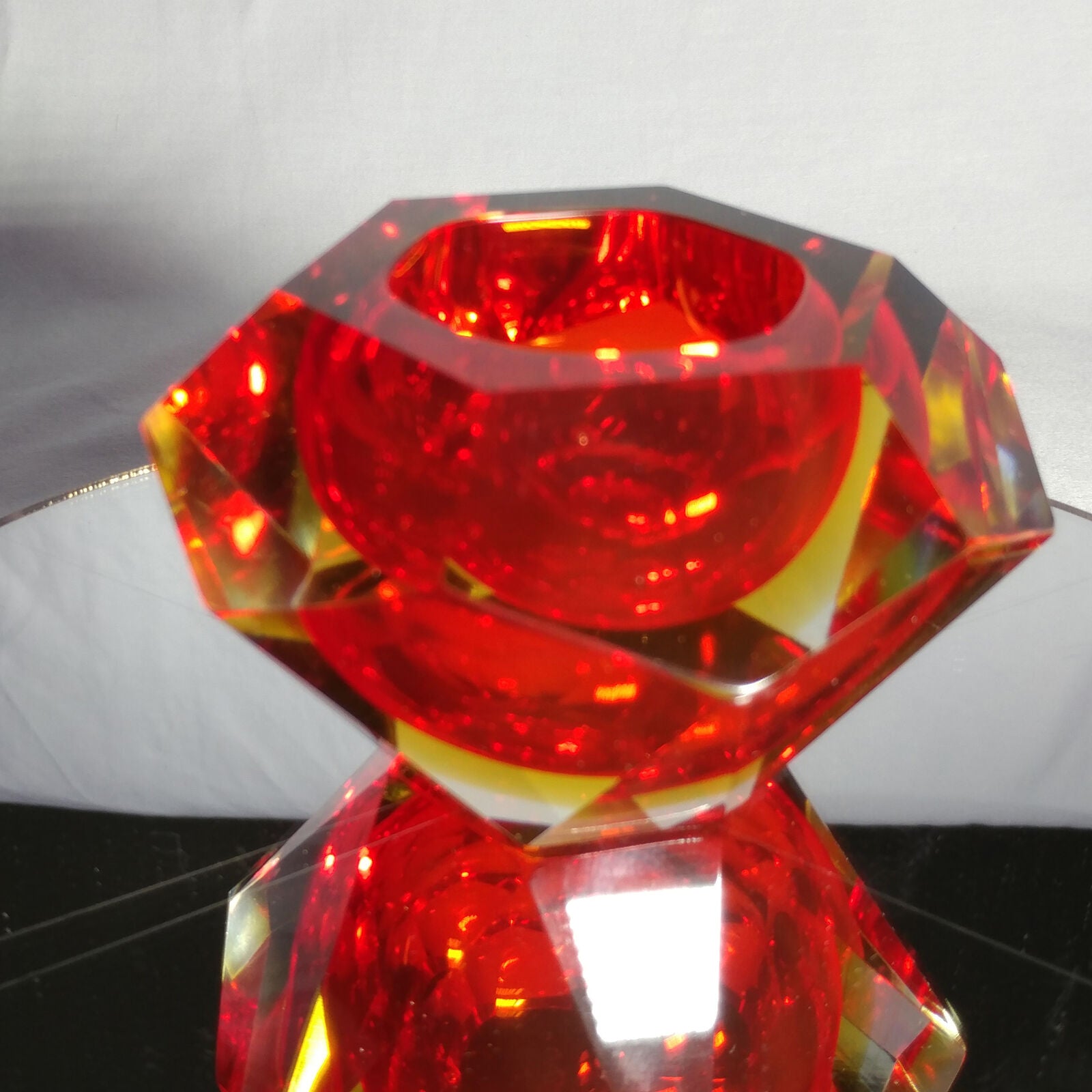 Sommerso Murano | Flavio Poli Yellow & Red Faceted Glass Ashtray | Italy 1950s