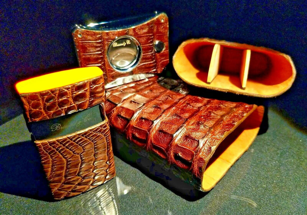 Brizard and Co Brown Caiman Alligator Case , Cutter & Lighter.  NIB Made in USA
