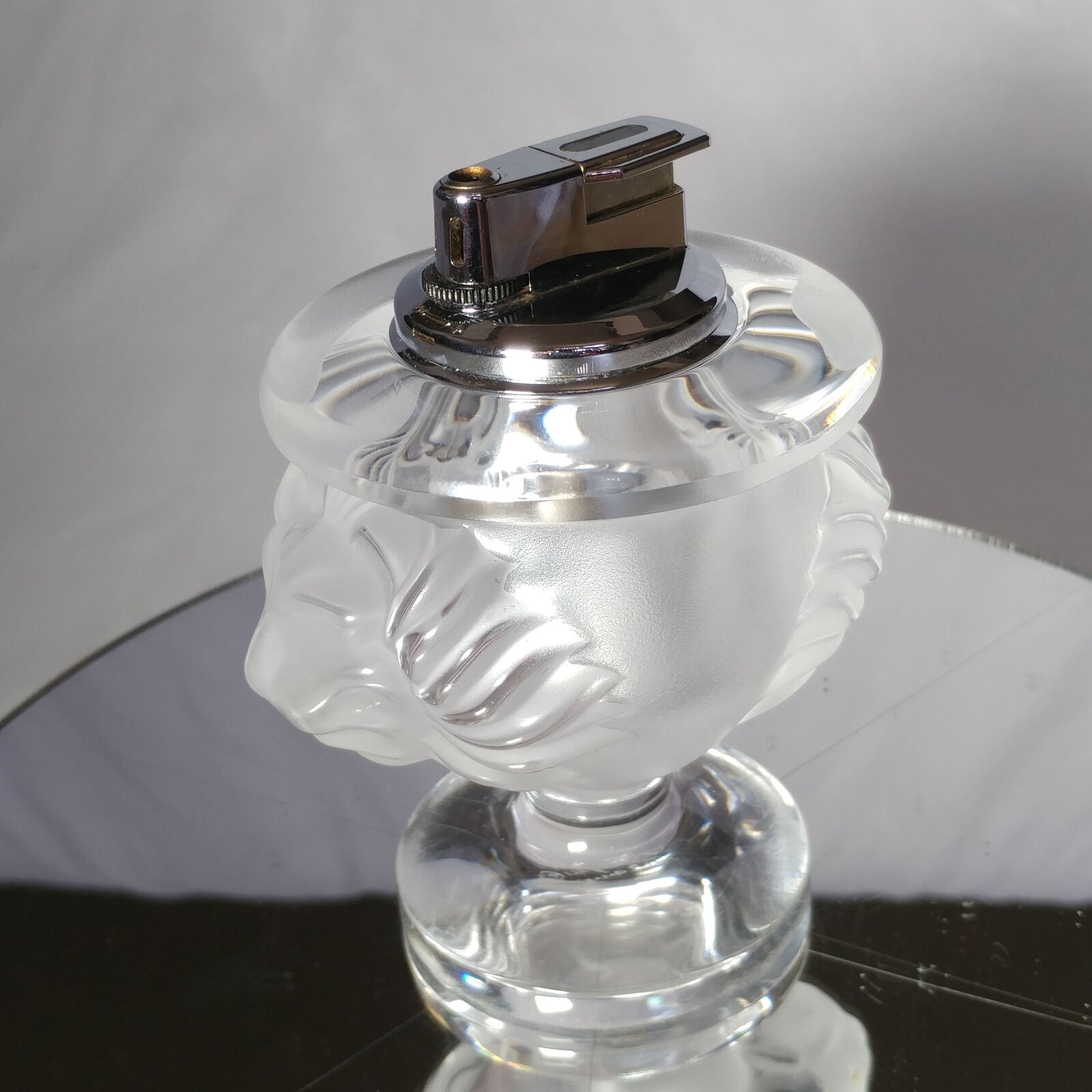 Lalique Crystal Tete De Lion Cigarette Lighter and Match Holder Set