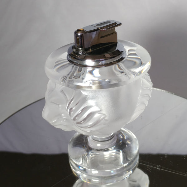 Lalique Crystal Tete De Lion Cigarette Lighter and Match Holder Set