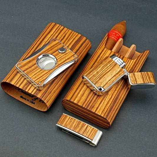 Brizard The "Show Band" 3 Cigar Case ,,Cutter and Lighter Combo - Zebrawood USA