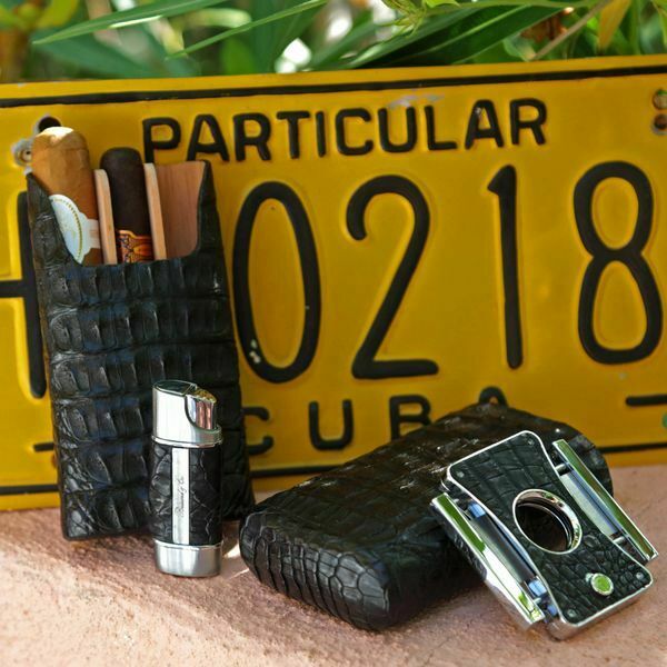 Brizard & Co. | The "Show Band" 3 Cigar Case - Black Caiman Crocodile