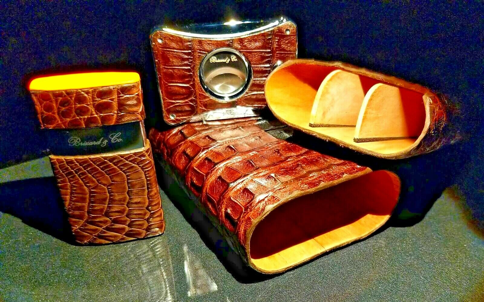 Brizard and Co Brown Caiman Alligator Case , Cutter & Lighter.  NIB Made in USA