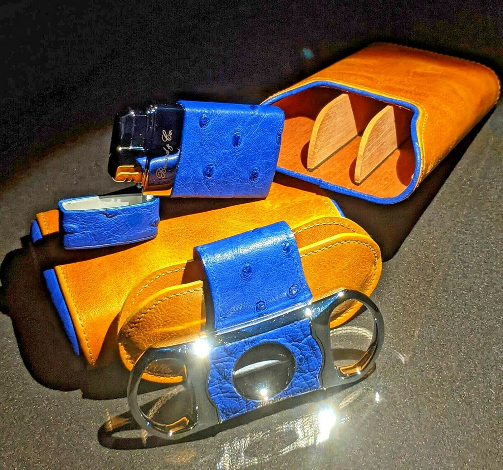 Brizard and Co Blue Ostrich & Camel Color Leather  Case, Cutter & Lighter Combo