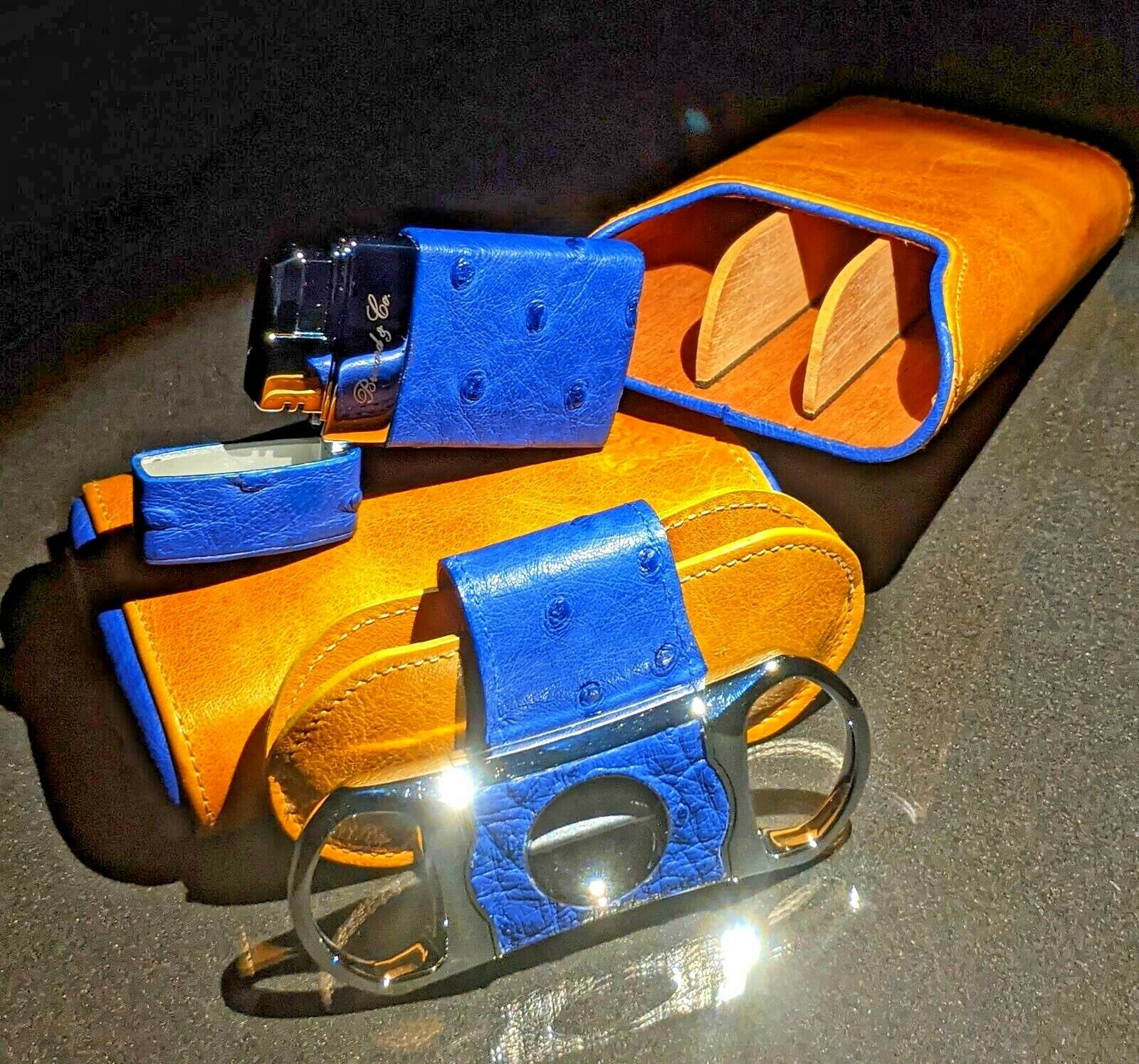 Brizard and Co Blue Ostrich & Camel Color Leather  Case, Cutter & Lighter Combo