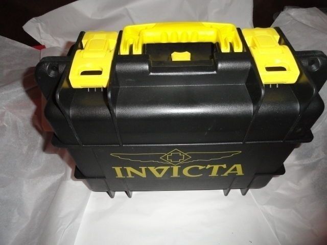 Invicta watch carrying case in grey with yellow handles holds 8 watches