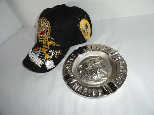 USMC Bulldog Ashtray & Marine Black Embroidered Baseball Cap Combo