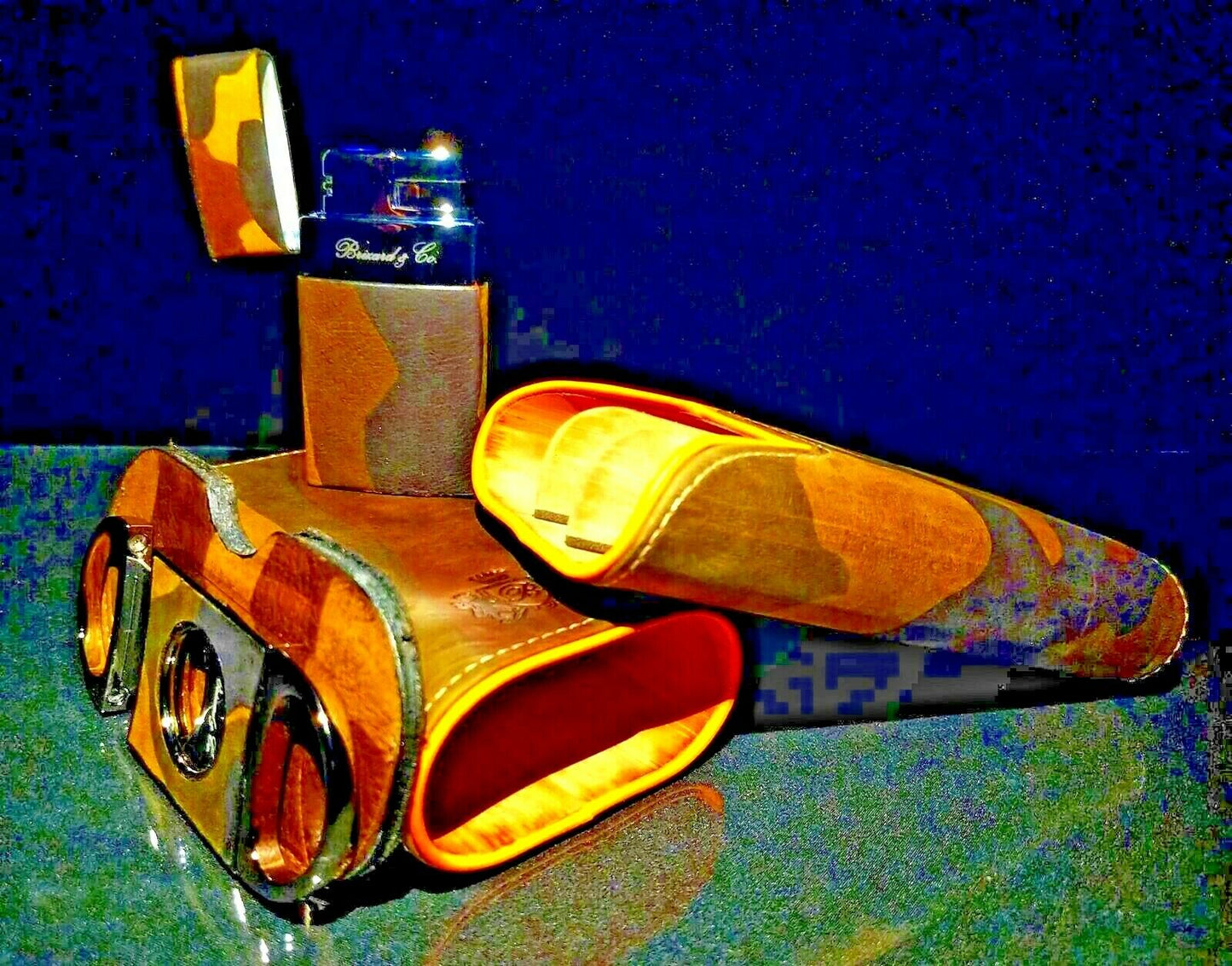 Brizard and Co Camouflage and Orange Leather Carrying case, cutter and lighter