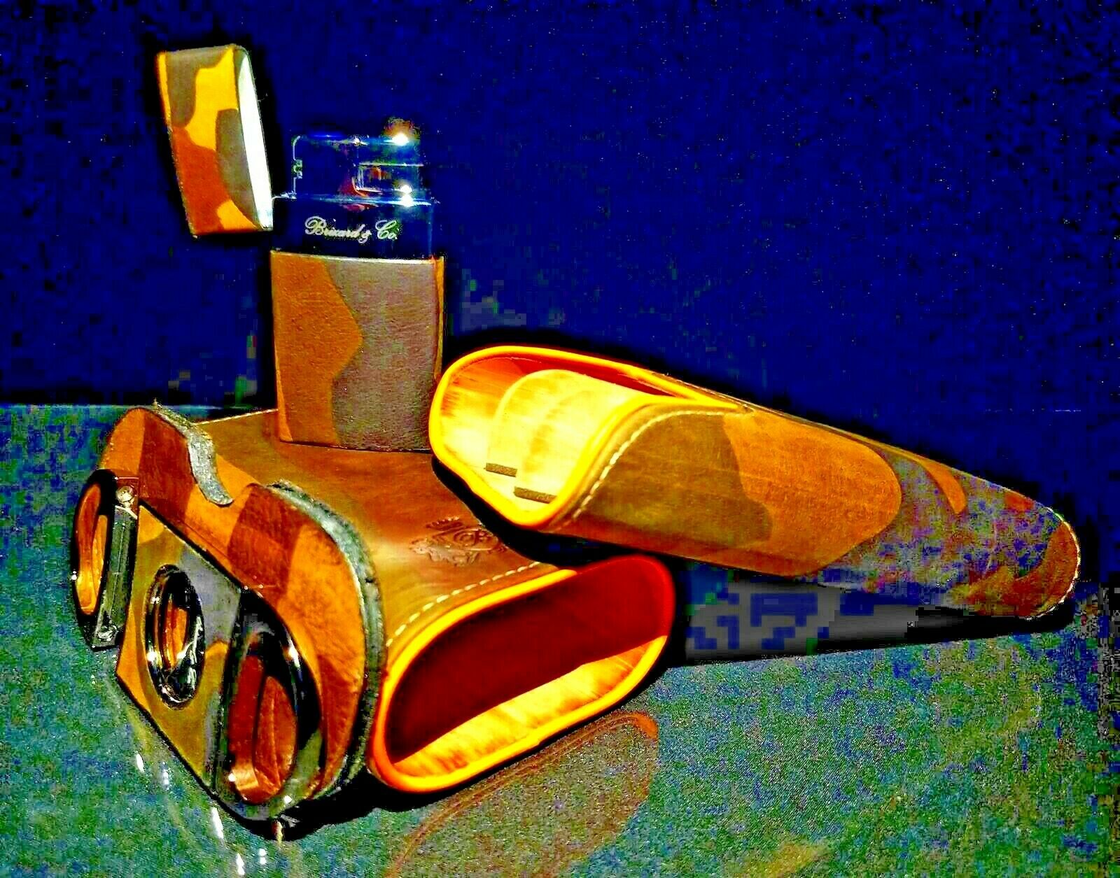 Brizard and Co Camouflage and Orange Leather Carrying case, cutter and lighter