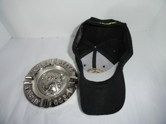 USMC Bulldog Ashtray & Marine Black Embroidered Baseball Cap Combo