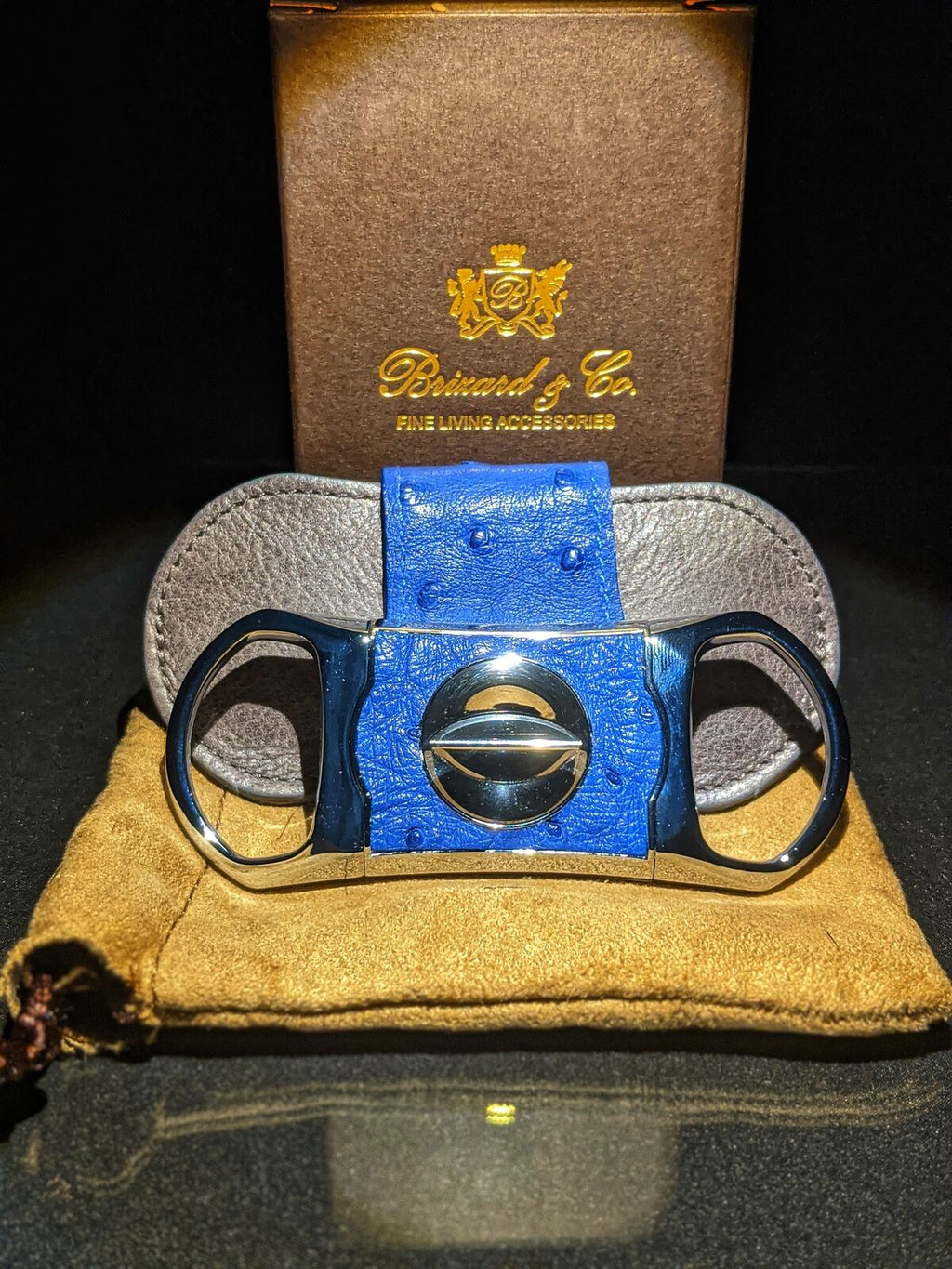 Brizard and Co Blue Ostrich and Grey Leather  Case, Cutter and Lighter Combo