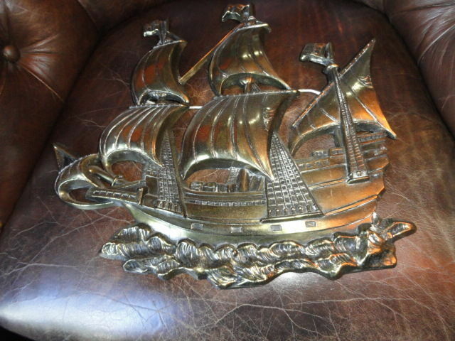 Brass Wall Plaque of Sailing Ship 15 " across by 13.25" H
