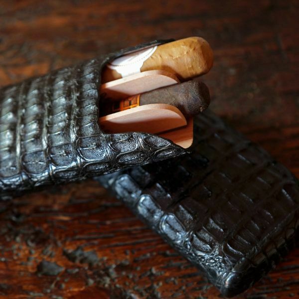 Brizard & Co. | The "Show Band" 3 Cigar Case - Black Caiman Crocodile