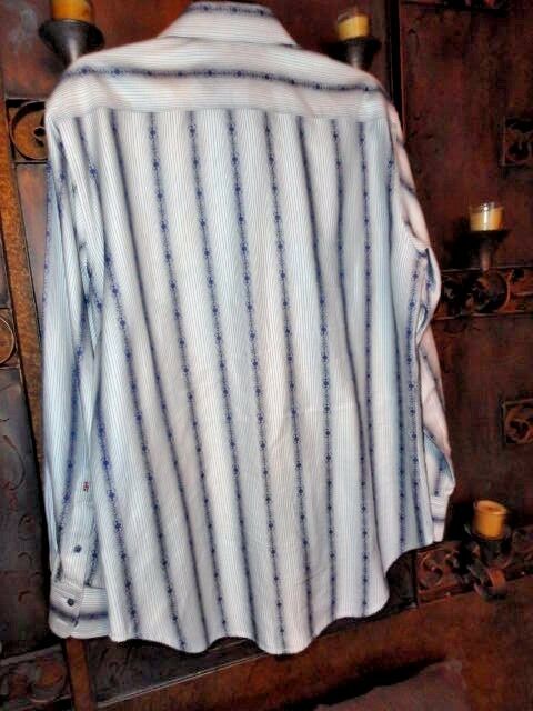 Robert Graham White Blue Embroidered Dot Stripe Shirt — Medium