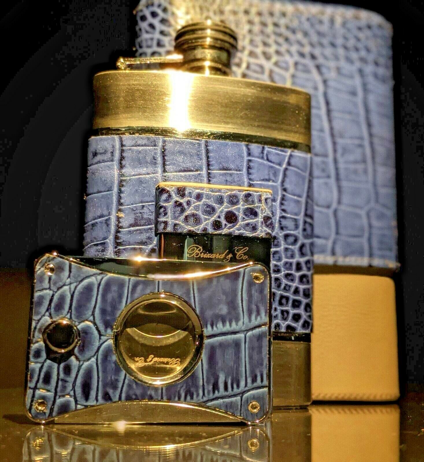 Brizard and Co Indigo and grey Traveldor with flask , cutter and lighter
