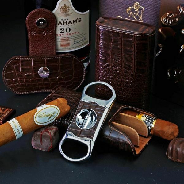 Brizard and Co. - The "Show Band" 3 Cigar Case - Croco Pattern Tobacco