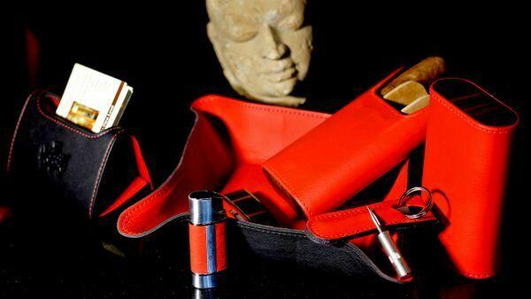 Brizard and Co. - The "Show Band" 3 Cigar Case - Sunrise Red and Macassar Ebony